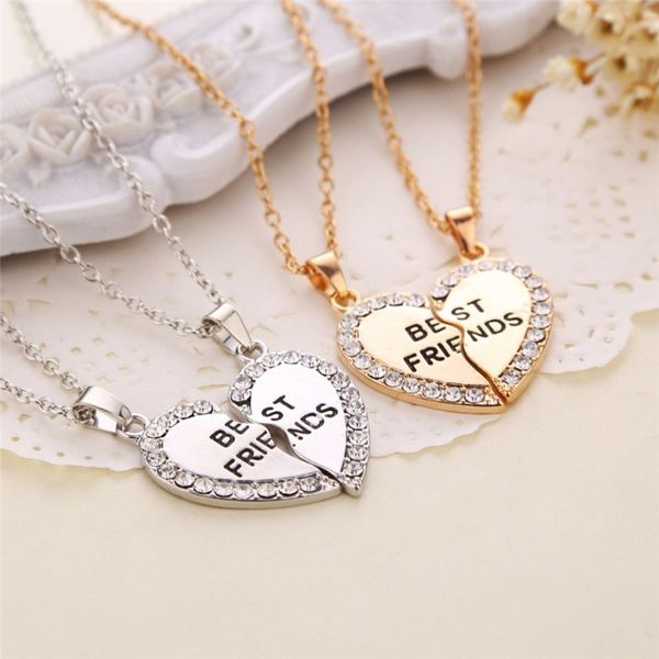 

2 pcs bff necklace women crystal heart pendant friend letter necklace fashion couple men friendship jewelry, Silver