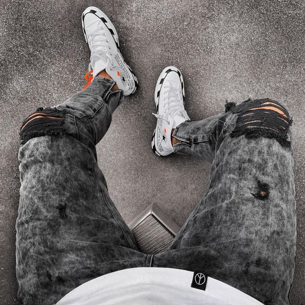 

snow grey spark draped washed long pencil pants fashion elastic knee holes zipper jeans mens designer jeans, Blue