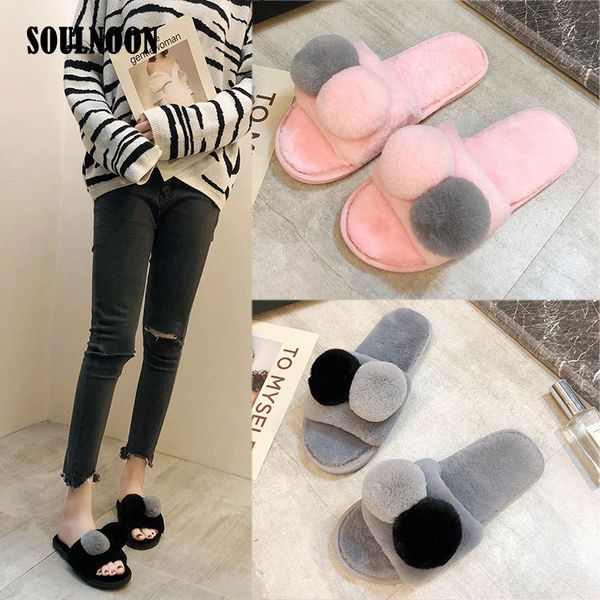 

women's sweet cute slippers winter warm home slippers ladies furry slides indoor bedroom fluffy flip flops non-slip soft slides, Black
