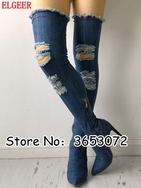 

rome designed women over the knee thigh heels long boots cut-outs pointed toe jeans high heels boots denims gladiator, Black