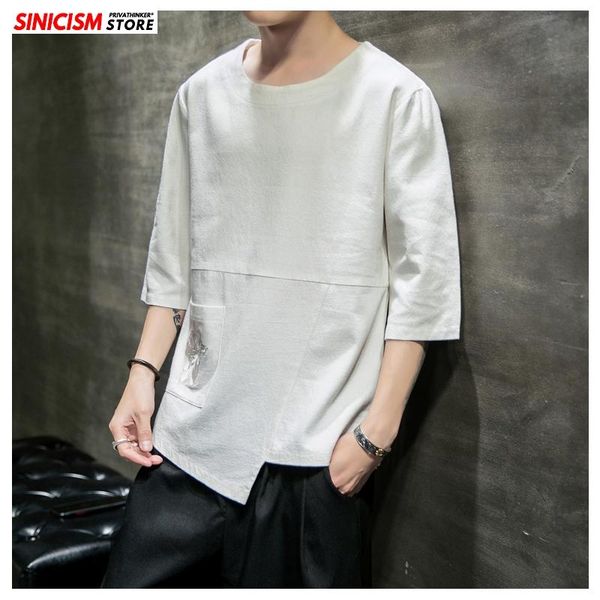 

mrgoldenbowl store 2020 men cotton linen three quarter o-neck t shirt men's spring casual vintage t shirts male clothes fashion, White;black