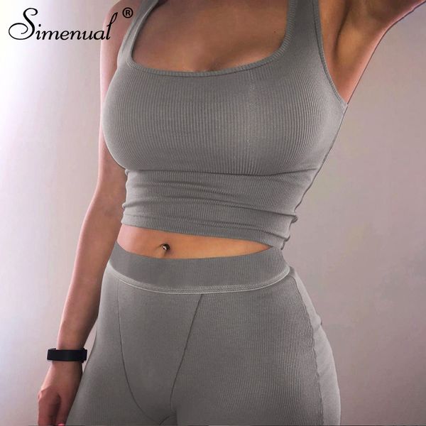 

simenual casual sporty ribbed women matching sets sleeveless workout active wear 2 piece outfits fitness tank and shorts set x0923, Gray
