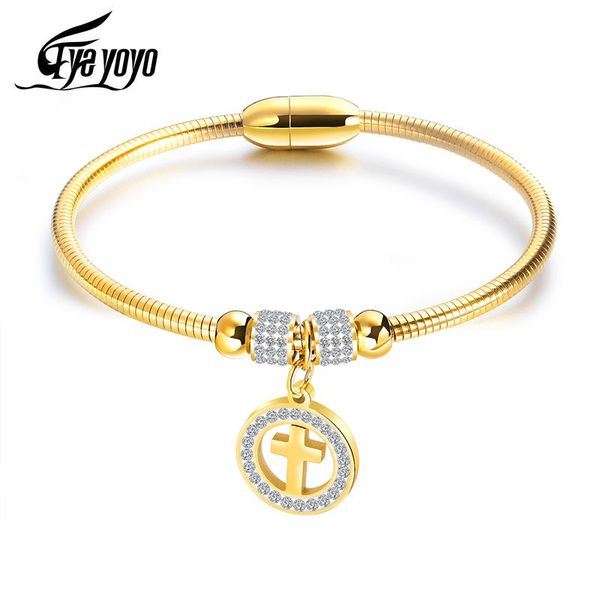 

eyeyoyo zc s golden cross charm bangle for women stainless snake chain, Black