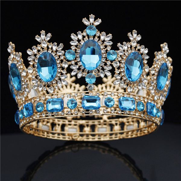 

baroque blue crystal tiaras wedding crown for queen round diadem pageant headdress bride hair jewelry accessories, Golden;silver