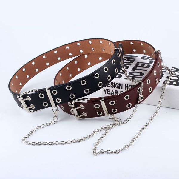 

women punk chain fashion belt adjustable black double/single eyelet grommet leather buckle belts adjustable hot, Black;brown