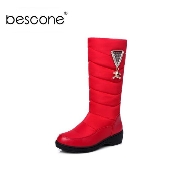 

bescone winter women mid-calf boots fashion round toe slip-on solid square heel shoes warm handmade med heel ladies boots bm101, Black