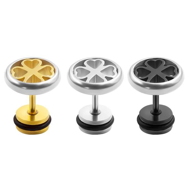

1 pair round heart stud earrings for men women lucky clover ear stud stainless steel ear piercing jewelry, Golden;silver