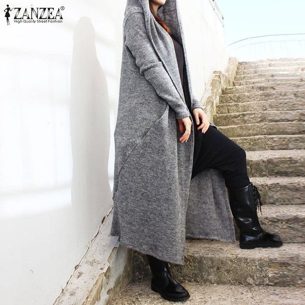 

fashion women hoodies long coats zanzea autumn long sleeve solid loose jackets casual hooded outwear femme open front cardigan, Black;brown