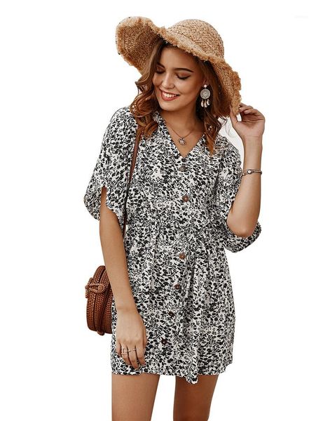 

flora printed dress 1/2 sleeve v-neck fashion casual skirt micro-mature style dresses womens autumn designer, Black;gray