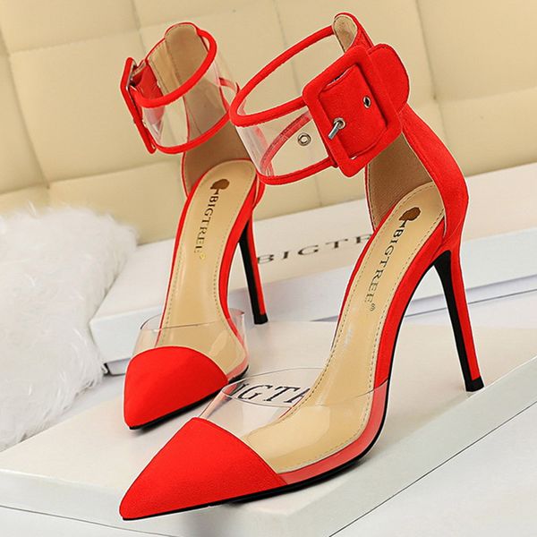 

2020 summer fashion women clear suede sandals 10cm thin high heels sandals transparent buckle strap lady big size shoes, Black