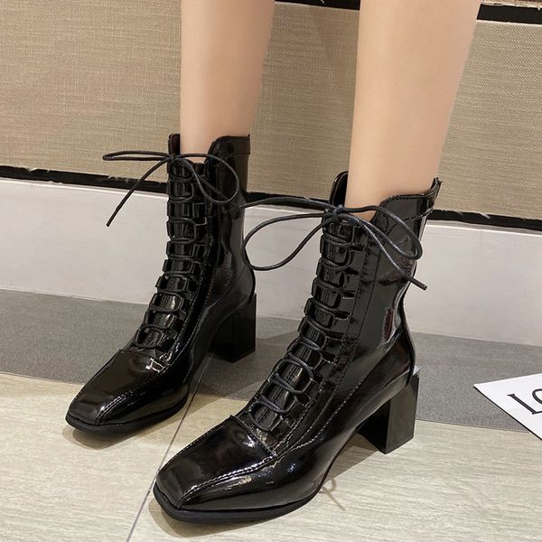 

lucyever patent leather high heels boots women fashion cross strap square toe mid calf boots woman vintage botas mujer 2020, Black