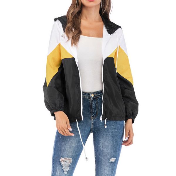 

women's jackets 2021 womens casual long sleeve zipper sport coat ladies colour block thin hooded jacket female multicolor patchwork top, Black;brown