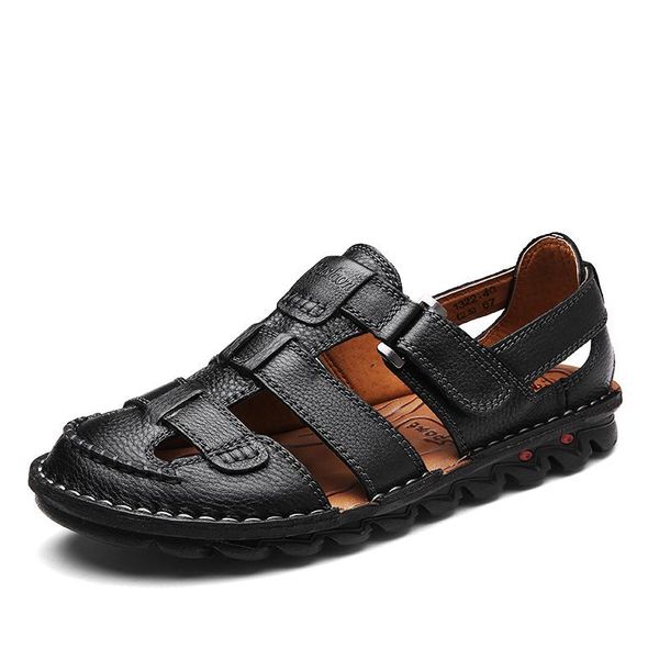 

2020 classics fashion men's sandals genuine leather solid casual summer shoes basic front rear strap low men beach shoes, Black