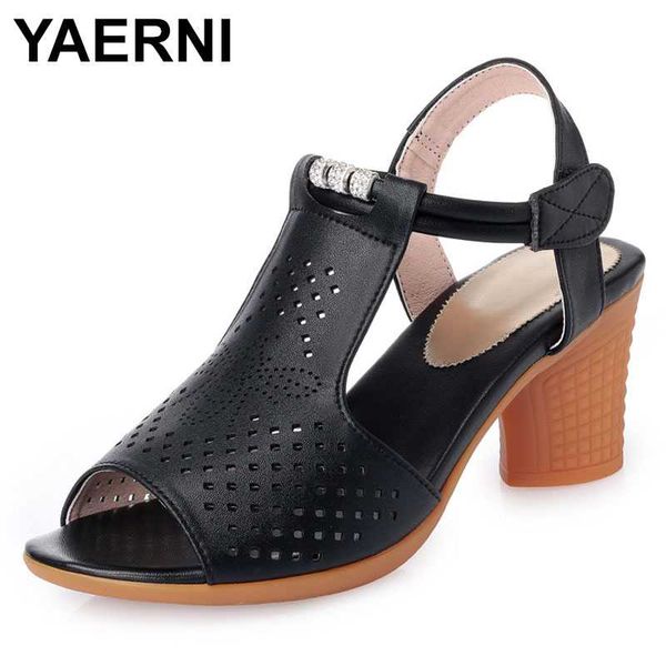 

yaerni promotion new hollow rhinestone genuine leather shoes summer women sandals soft bottom comfort women shoes fashion sandal, Black