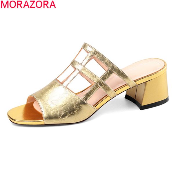 

morazora 2020 new arrival fashion women mules shoes genuine leather solid color casual shoes summer square heels women slippers, Black