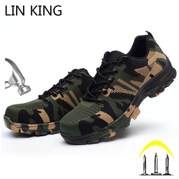 

lin king big size breathable work boots men new design camouflage anti piercing safety shoes steel toe lace up outdoor sneakers, Black