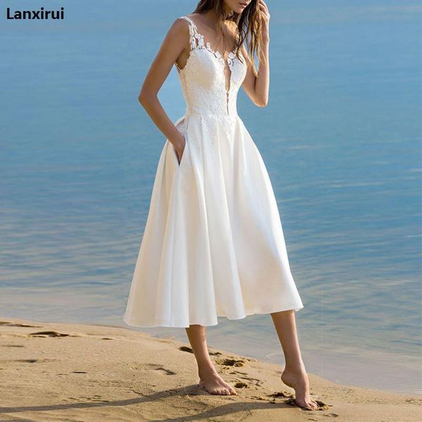 

Elegant White Lace Spaghetti Strap Midi Dress Summer Sexy Sleeveless V Neck Beach Dresses Women Party Vestidos