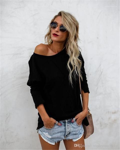 

color irregular design long sleeve loose tshirt casual womens autumn womens designer tshirt asymmetrical solid, White