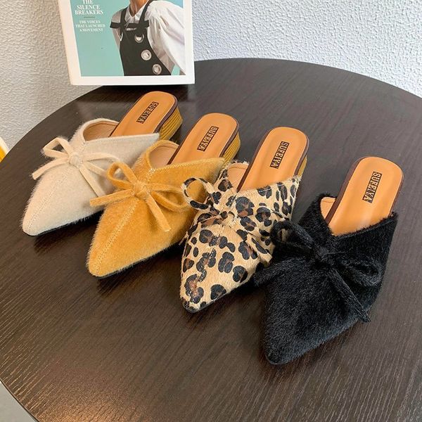 

2020 new spring summer pointed toe mules shoes suede leopard women slippers bow small high heel slides ladies elegant sandals, Black