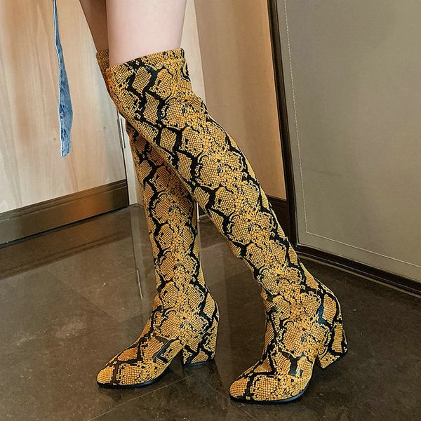 

2020 мода серпантин кожа pu скольжения на длинные сапоги квадратным каблуком comfort зимнем женщин над коленом boots размер 34-43, Black