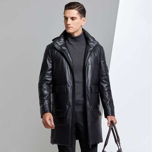 

leather down jacket men's winter casual coats down parkas jackets hoodies warm thickening slim overcoat waterproof 2020 new, Black