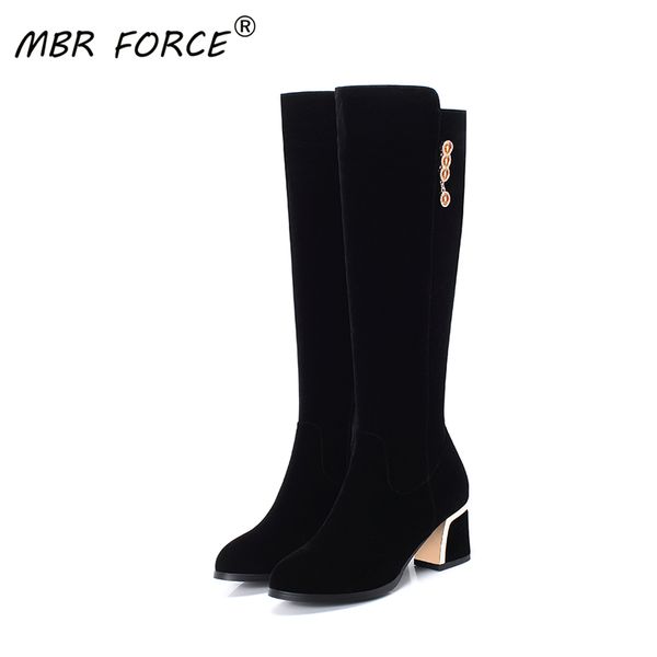 

mbr force 2020spring и осень новых женщин более-колено сапоги обувь высокого качества изысканный круглые кнопки алмаз украшения, Black