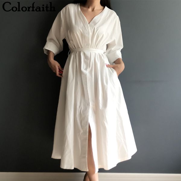 

colorfaith new 2019 women dresses spring summer cotton and linen elegant pleated long white dresses v neck lace up bow dr1086, Black;gray
