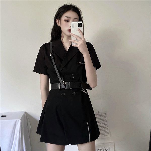 

casual dresses women mini dress black gothic clothes female 2021 summer korean ins retro temperament suit short sleeve dark drsses, Black;gray