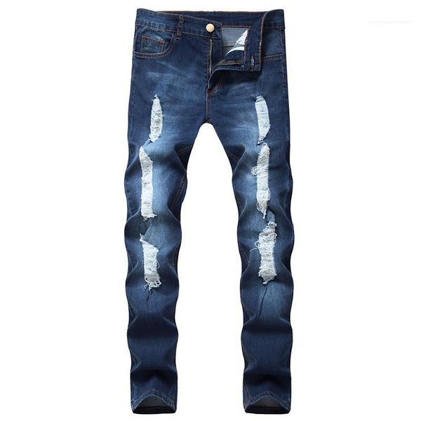 

bleached washed middle waist pencil pants summer mens denim pants dark blue jeans ripped hole skinny mens designer jeans