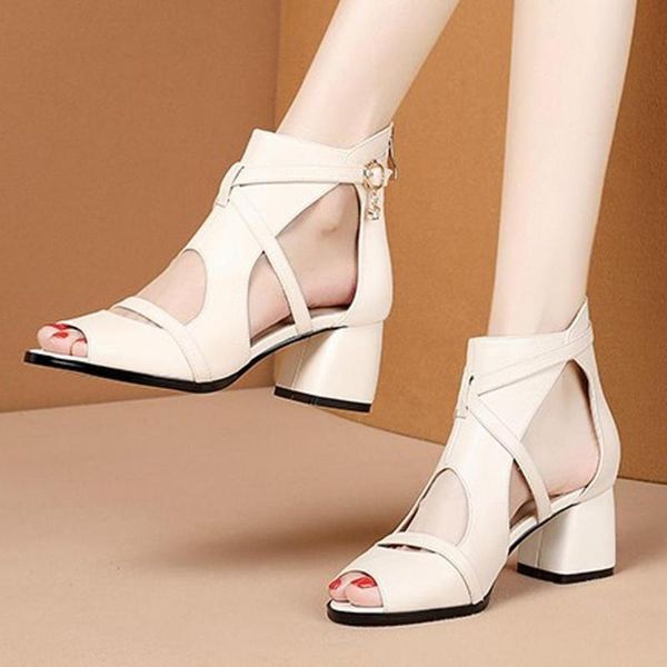 

solid color leather mid heel sandals for female round toe fish mouth comfortable middle heel large size mid sandals, Black