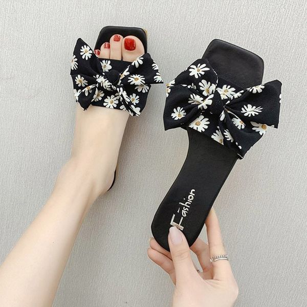 

women's slippers flowers bow-knot ladies peep toe sandals sweet girls fashion square toe slides summer 2020 female casual shoes, Black