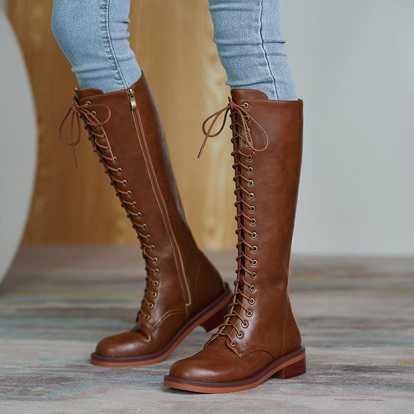 

spring autumn lacing knee high boots women fashion square heel woman leather shoes winter short plush knight boots 2020, Black