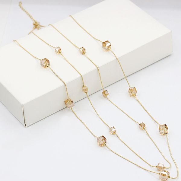 

black white champage blue 6 colors cubic shiny rhinestone golden double golden snake chains long necklace for women, Silver