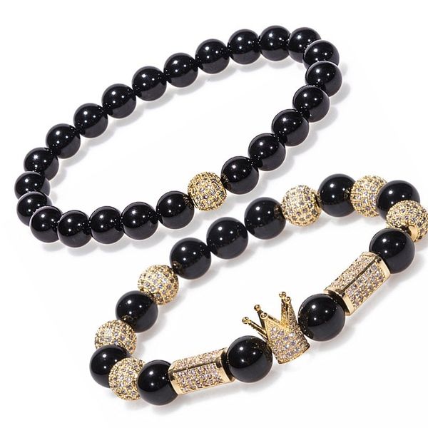 

2pcs/set new zircon ball men women jewelry cubic micro pave cz crown charm 8mm 10mm black onyx round stretchy bracelet, Golden;silver