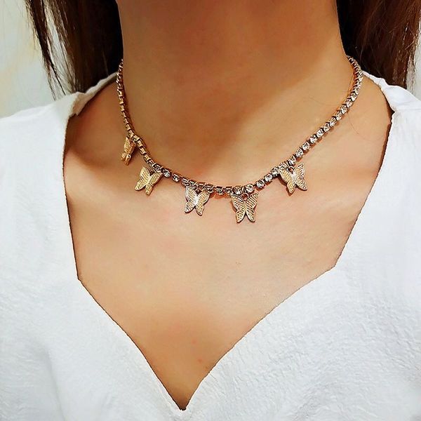 

fashion female jewelry five butterfly pendant necklace shiny personality crystal pendant necklace gift essential, Silver