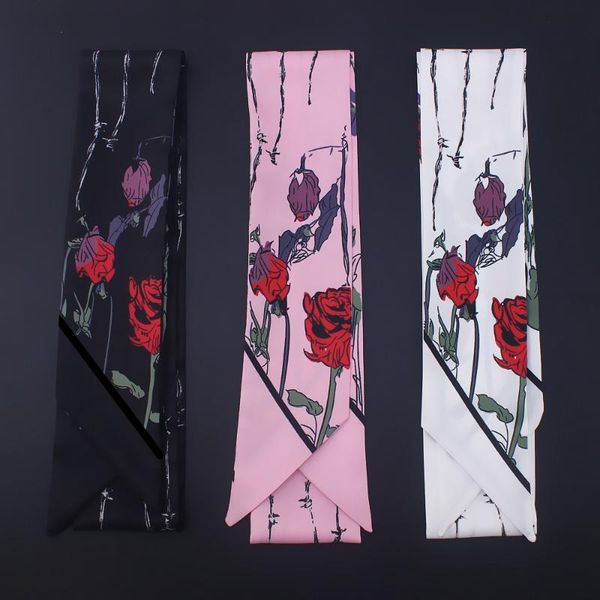 

2020 new scarf rose print women silk scarf small handle bag ribbons female headband small long scarves & wraps hair band, Blue;gray