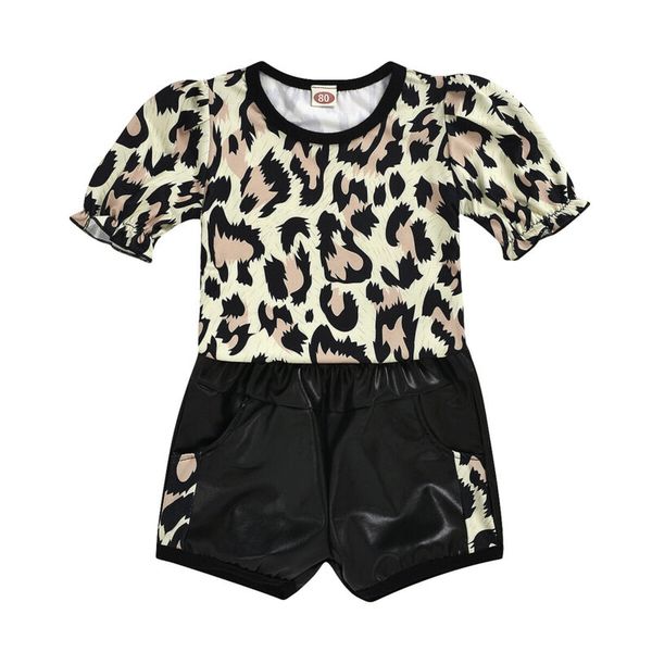 

new summer toddler newborn kids baby girl clothes set short sleeve leopard t-shirt pu pocket shorts 2pcs outfits costume, White