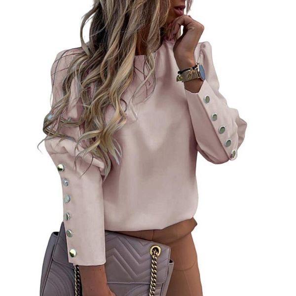 

women puff shoulder elegantblouse shirts office lady spring fall button detail blouses womens long sleeve shirt, White