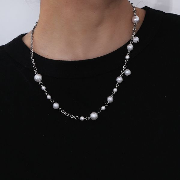 

men pearl necklaces individuality stainless steel necklace ins necklace drop shipping with opp bag, Silver