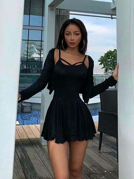 

xibani women two piece cotton suit skirt short cardigan long sleeve low chest cross suspender pleated skirt slim nightclub, Gray