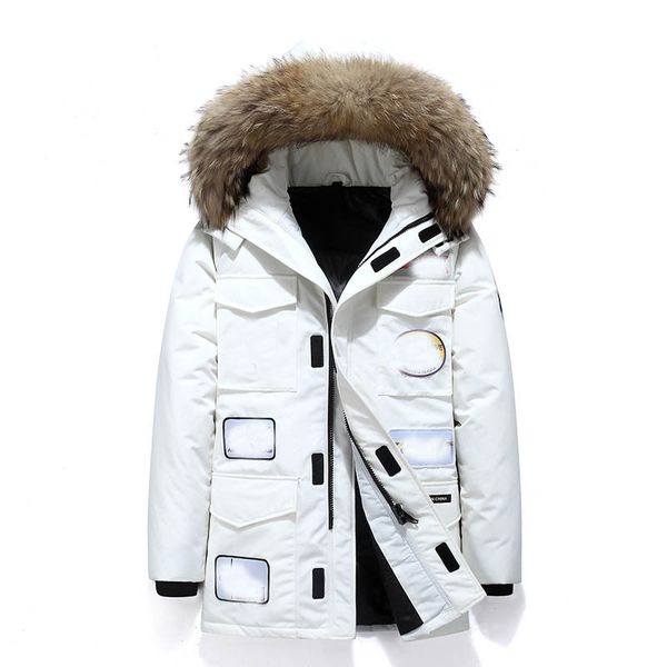 

2020 new men's down jacket mid-length slim white duck down hooded european and american winter zipper fashion wild hooded large fur col, Black