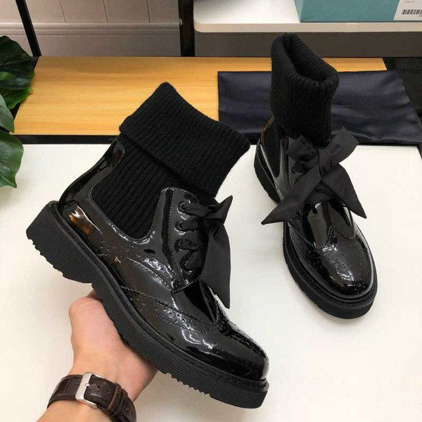 

boots est women patent leather brogue calf bow knot winter woman zapatos de mujer booties designer shoes, Black