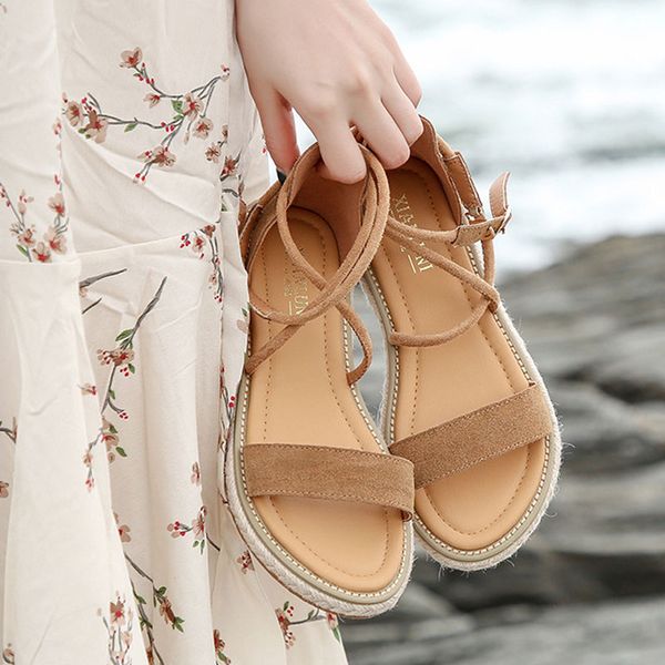 

faux suede women summer sandals shoes open toe rope lace up gladiator sandals flat casual female beach chaussures femme, Black