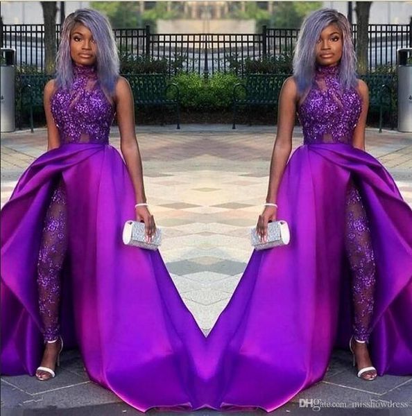 

2020 Classic Prom Jumpsuits Dresses With Detachable Train High Neck Lace Appliqued Bead Evening Gowns Luxury African Party Women Pant Suits