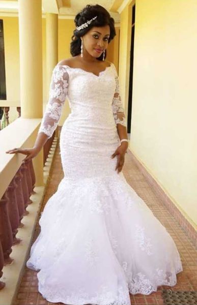 

vintage v neck lace mermaid wedding dresses illusion long sleeve appliques plus size african garden chapel bridal gowns vestidos de novia, White