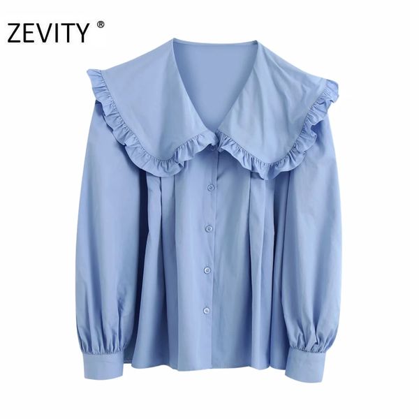 

zevity new women sweet pleat ruffles turn down collar smock blouse shirts women office breasted roupas chic chemise ls7181, White