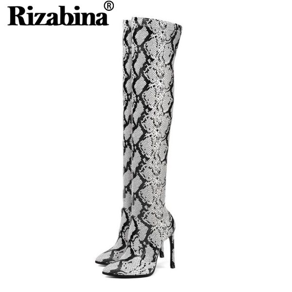 

rizabina 2020 thin high heel pointed toe over knee boots fashion snakeskin pu leather autumn winter women shoes size 34-43, Black