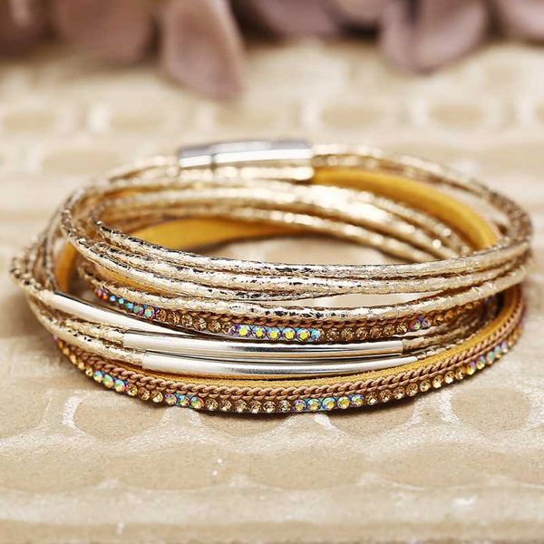 

vintage boho jewellery gold multi layer leather magnetic buckle crystal bead braided bracelet boyfriend girlfriend bracelets, Golden;silver