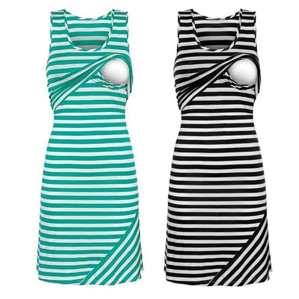 

summer fashion stripe stitching breast-feeding pregnant women sleeveless dress casual u-neck loose maternity vest long dresss, White