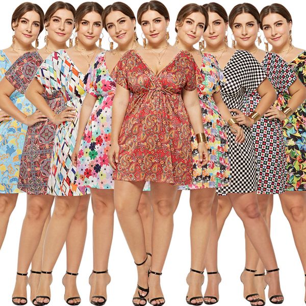 

deep collar elastic waist floral printed dress holiday leisure womens plus-sized